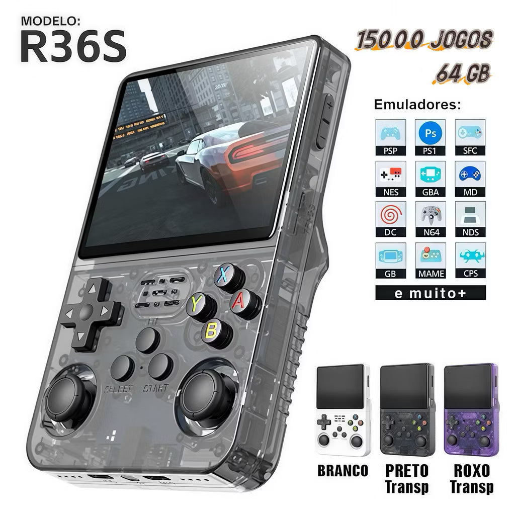 Console R36S Retro com 64GB – Mais de 10.000 Jogos e Tela IPS 3.5
